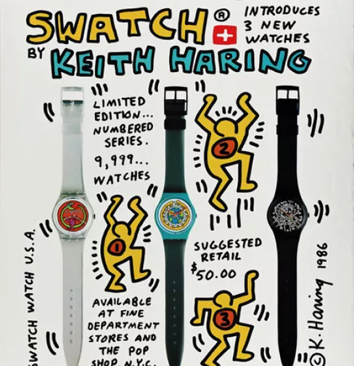 A poster advertisement for Keith Haring's Swatches